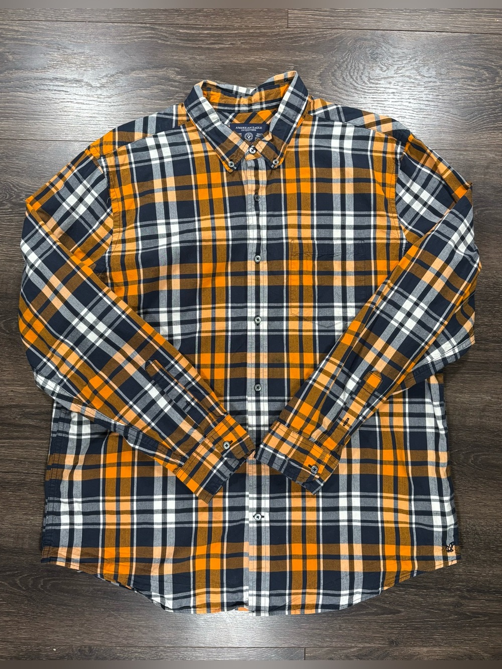 American Eagle Outfitters Orange, Navy & White Plaid Button-Down Shirt Size XXL